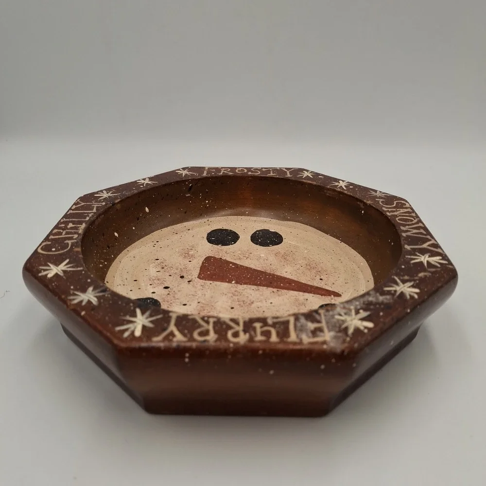 Vintage Octagon Wooden Snowman Bowl Dish Frosty Flurry Snowman Decor Rustic 8 In